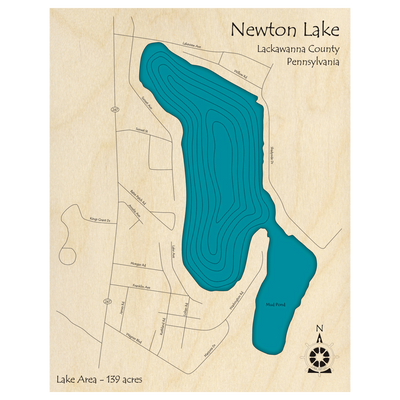 Bathymetric topo map of Newton Lake, PA with roads, towns and depths noted in blue water.