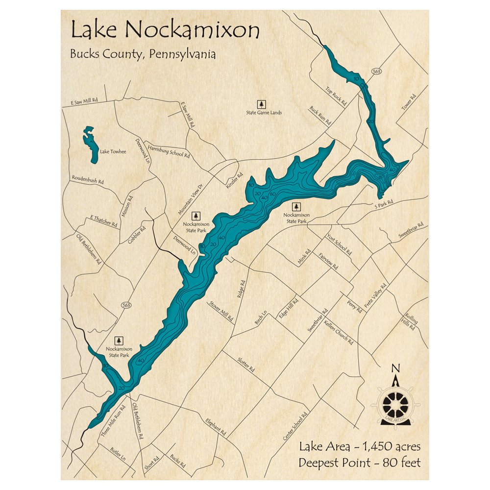 Bathymetric topo map of Lake Nockamixon, PA with roads, towns and depths noted in blue water.