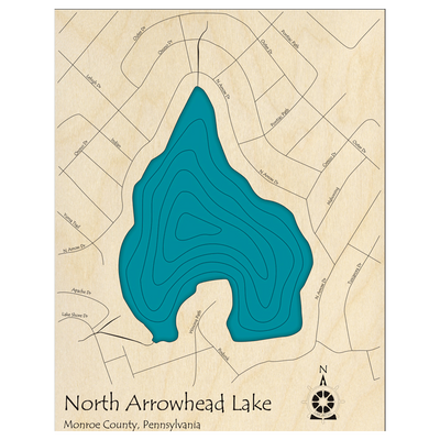 Bathymetric topo map of North Arrowhead Lake, PA with roads, towns and depths noted in blue water.