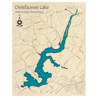 Bathymetric topo map of Ontelaunee Lake, PA with roads, towns and depths noted in blue water.
