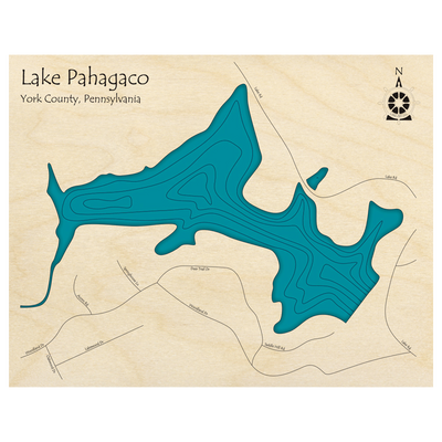 Bathymetric topo map of Lake Pahagaco, PA with roads, towns and depths noted in blue water.