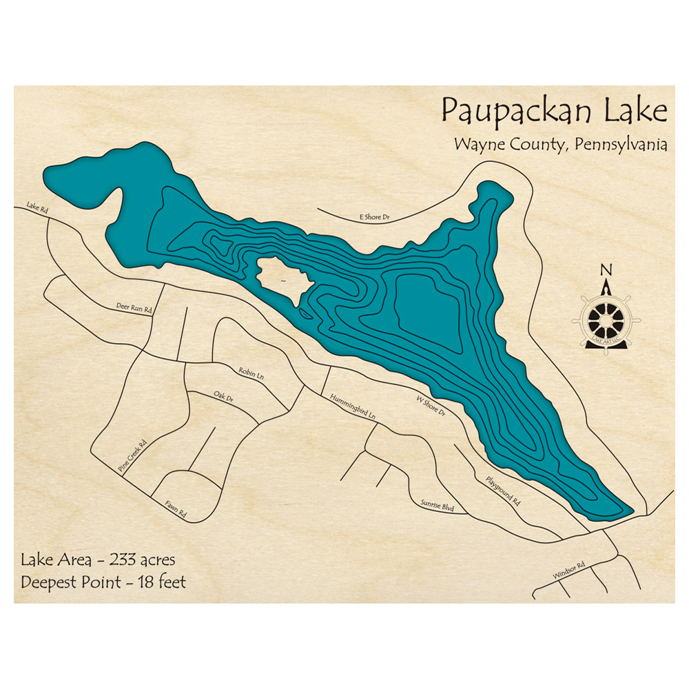 Bathymetric topo map of Paupackan Lake, PA with roads, towns and depths noted in blue water.