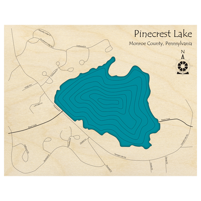 Bathymetric topo map of Pinecrest Lake, PA with roads, towns and depths noted in blue water.