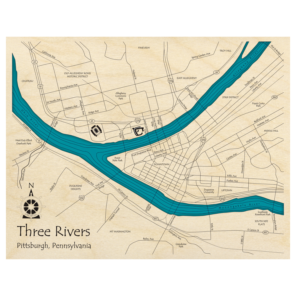 Bathymetric topo map of Pittsburgh, PA with roads, towns and depths noted in blue water.