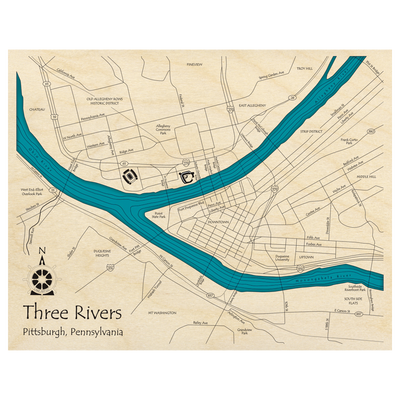 Bathymetric topo map of Pittsburgh, PA with roads, towns and depths noted in blue water.
