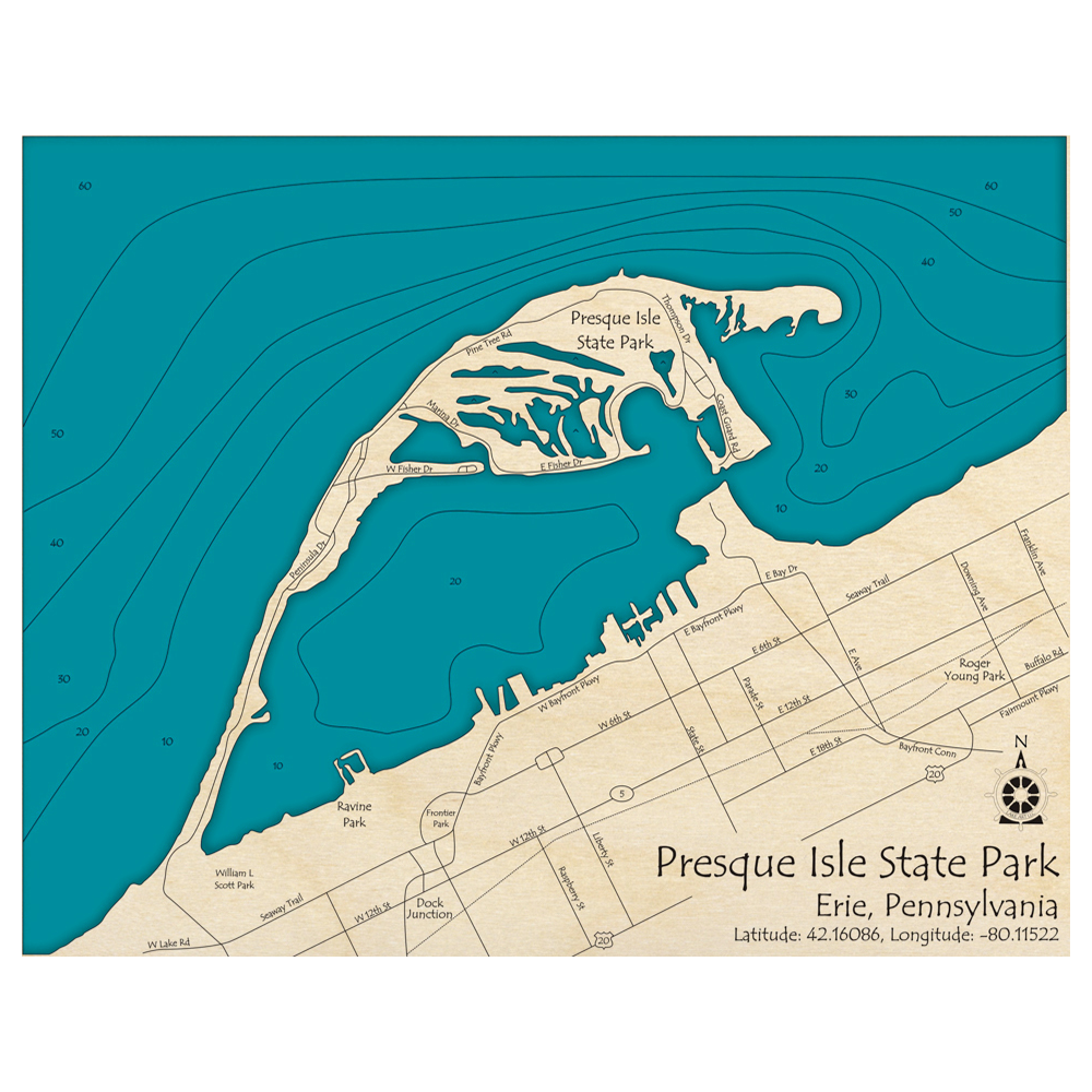 Bathymetric topo map of Presque Isle State Park – On Lake Erie, PA with roads, towns and depths noted in blue water.