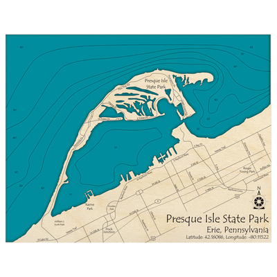 Bathymetric topo map of Presque Isle State Park – On Lake Erie, PA with roads, towns and depths noted in blue water.