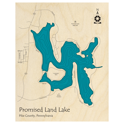 Bathymetric topo map of Promised Land Lake, PA with roads, towns and depths noted in blue water.