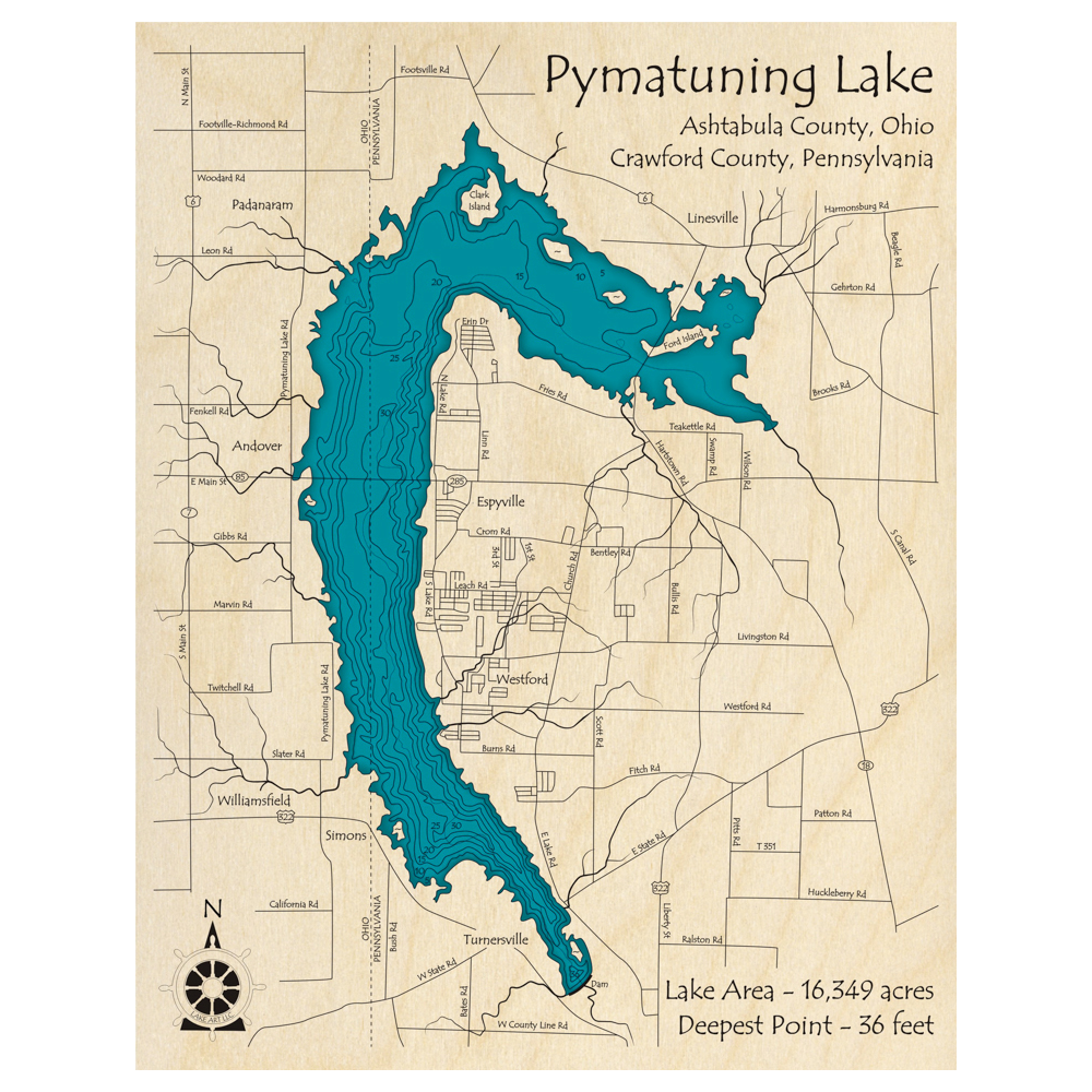 Brumsey Python Ohio Map Pymatuning Lake (OH, PA) 3D Custom Wood Map – Lake Art LLC