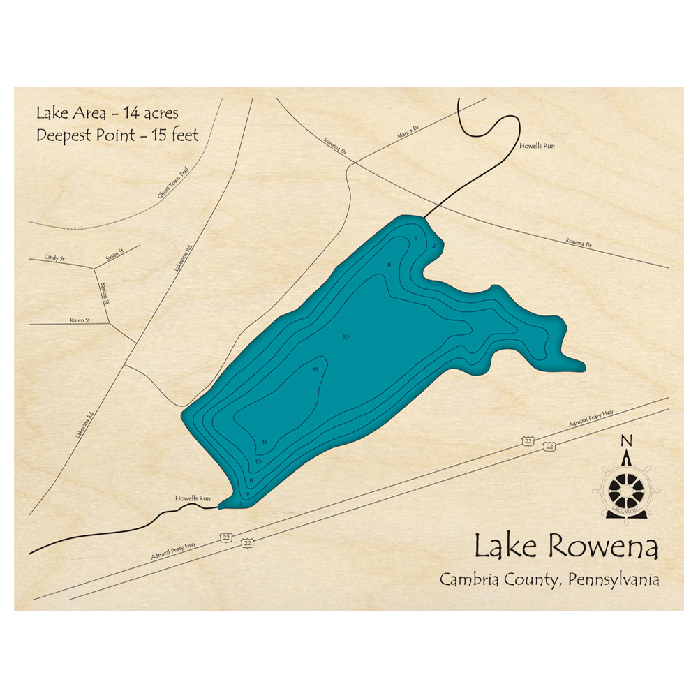 Bathymetric topo map of Lake Rowena, PA with roads, towns and depths noted in blue water.