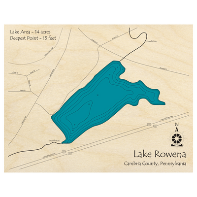 Bathymetric topo map of Lake Rowena, PA with roads, towns and depths noted in blue water.