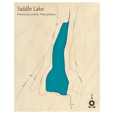 Bathymetric topo map of Saddle Lake, PA with roads, towns and depths noted in blue water.