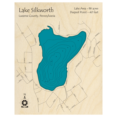 Bathymetric topo map of Lake Silkworth, PA with roads, towns and depths noted in blue water.