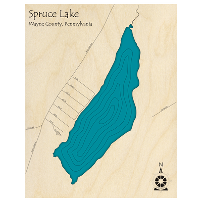 Bathymetric topo map of Spruce Lake, PA with roads, towns and depths noted in blue water.