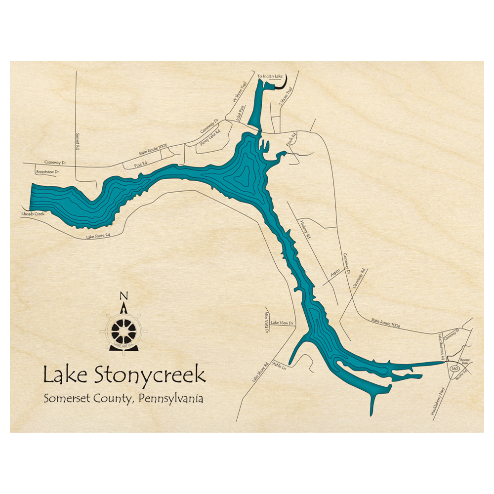 Bathymetric topo map of Stonycreek Lake, PA with roads, towns and depths noted in blue water.