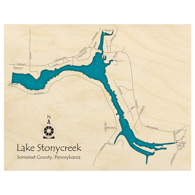 Bathymetric topo map of Stonycreek Lake, PA with roads, towns and depths noted in blue water.