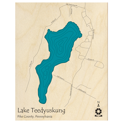 Bathymetric topo map of Lake Teedyuskung, PA with roads, towns and depths noted in blue water.