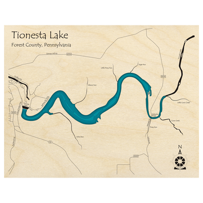 Bathymetric topo map of Tionesta Lake, PA with roads, towns and depths noted in blue water.