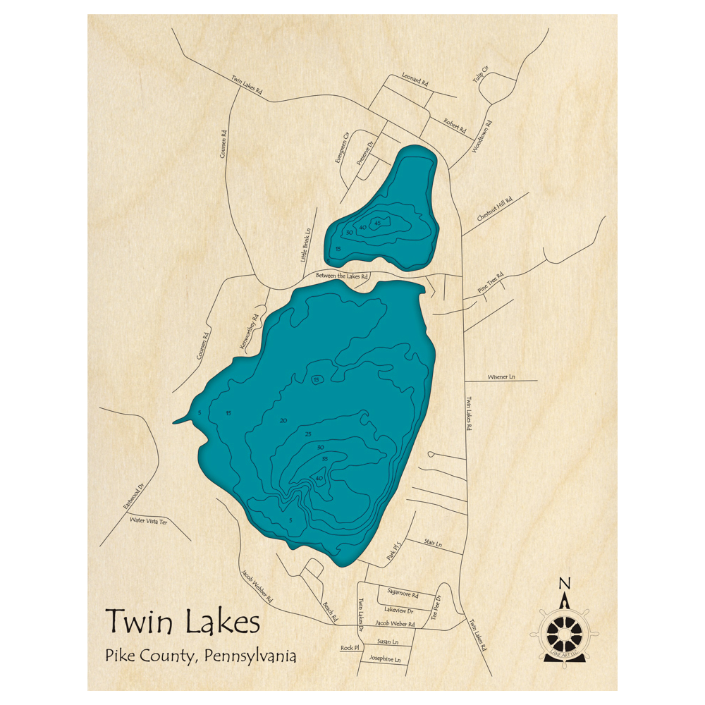 Bathymetric topo map of Twin Lakes, PA with roads, towns and depths noted in blue water.