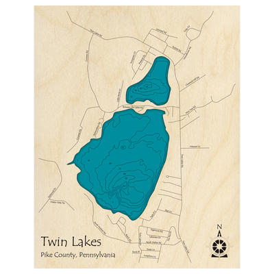 Bathymetric topo map of Twin Lakes, PA with roads, towns and depths noted in blue water.