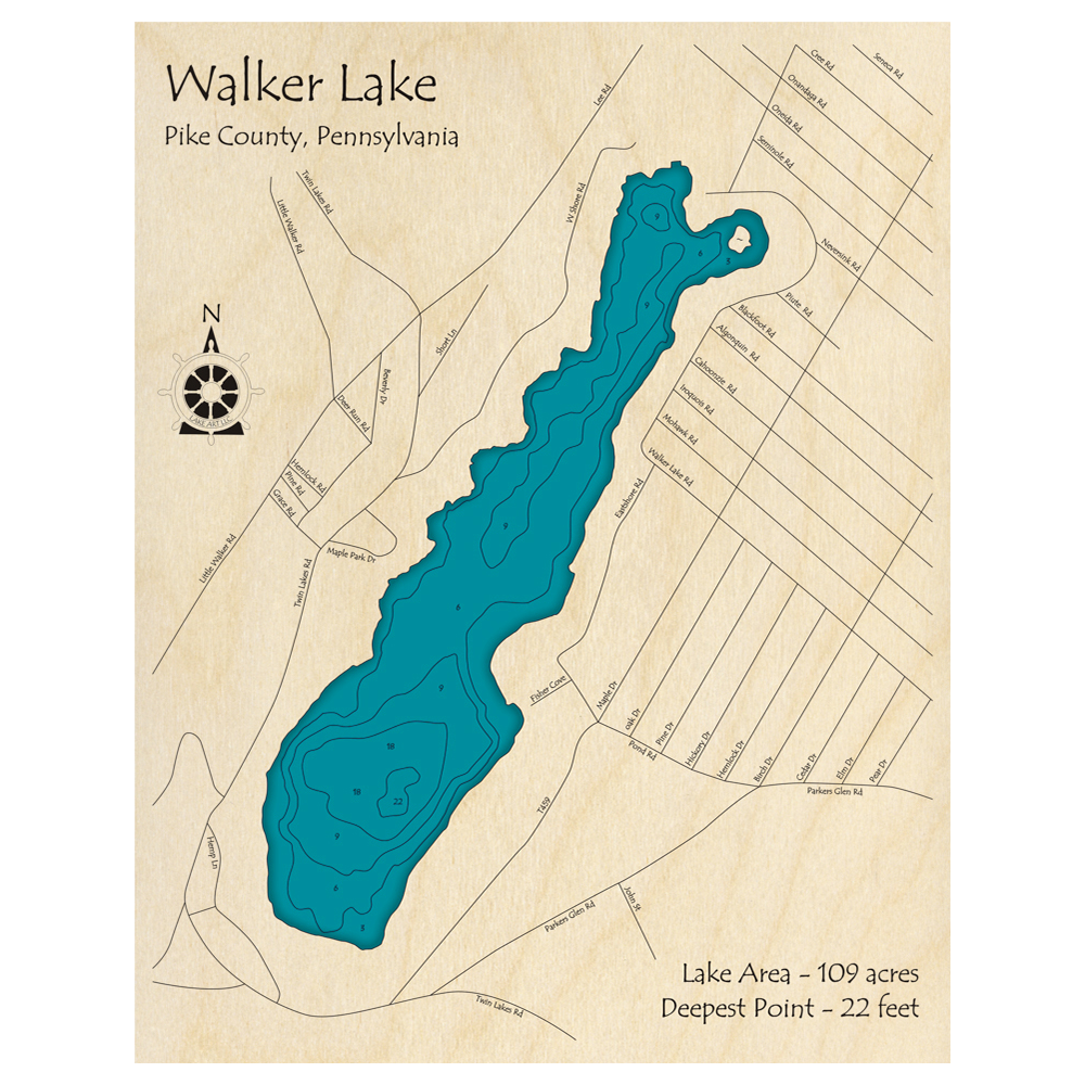 Bathymetric topo map of Walker Lake, PA with roads, towns and depths noted in blue water.