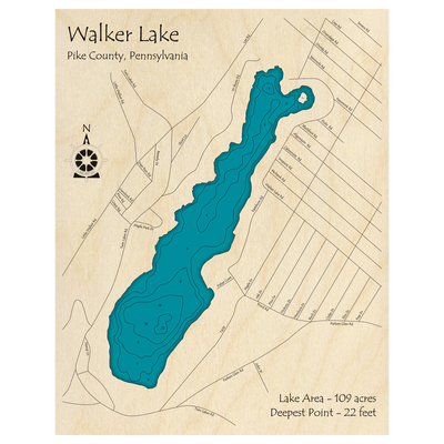 Bathymetric topo map of Walker Lake, PA with roads, towns and depths noted in blue water.