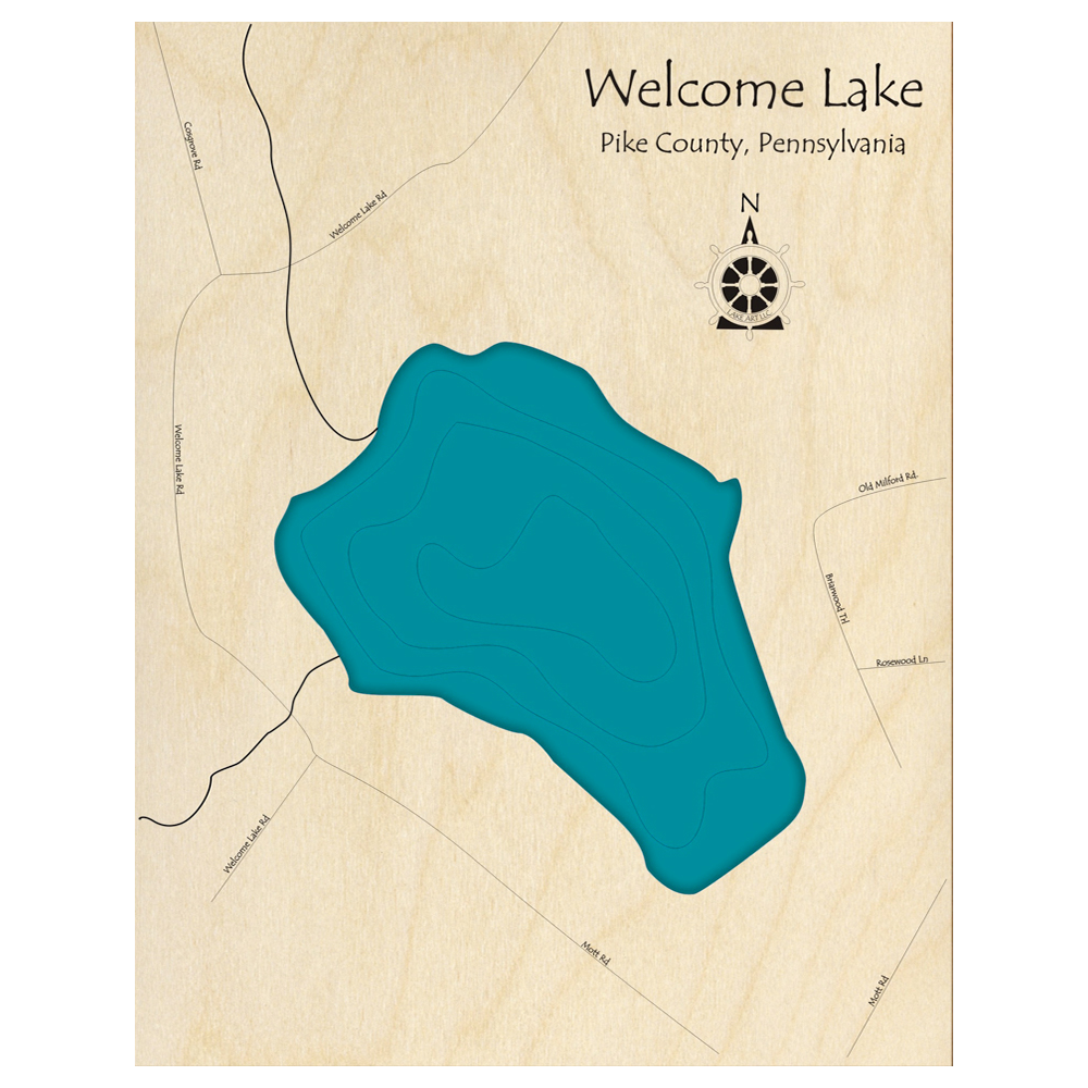 Bathymetric topo map of Welcome Lake, PA with roads, towns and depths noted in blue water.