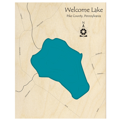 Bathymetric topo map of Welcome Lake, PA with roads, towns and depths noted in blue water.
