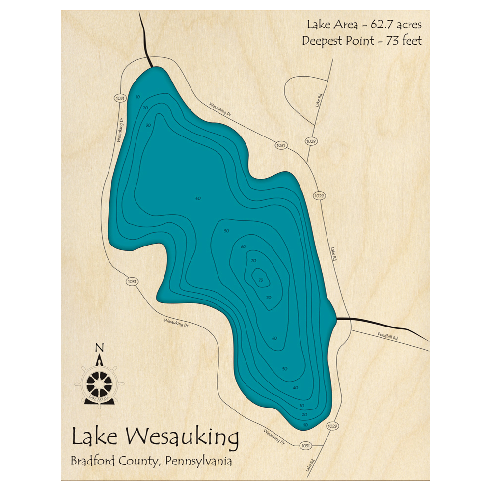 Bathymetric topo map of Lake Wesauking, PA with roads, towns and depths noted in blue water.
