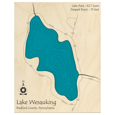 Bathymetric topo map of Lake Wesauking, PA with roads, towns and depths noted in blue water.
