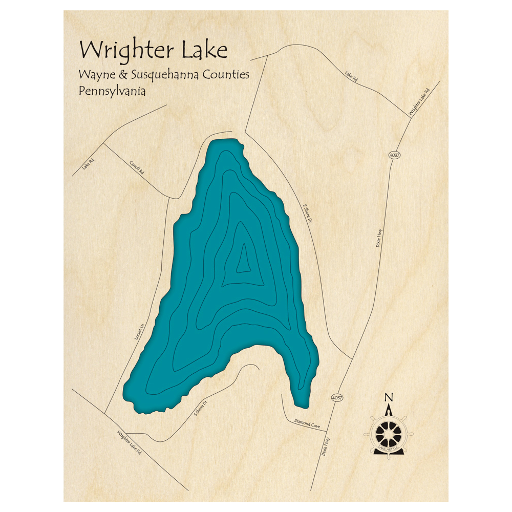 Bathymetric topo map of Wrighter Lake, PA with roads, towns and depths noted in blue water.