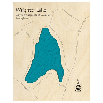 Bathymetric topo map of Wrighter Lake, PA with roads, towns and depths noted in blue water.