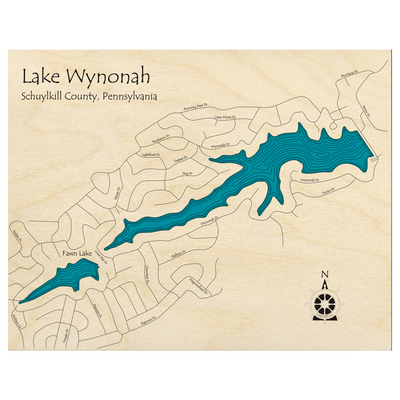 Bathymetric topo map of Lake Wynonah with Fawn, PA with roads, towns and depths noted in blue water.