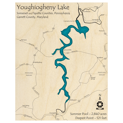 Bathymetric topo map of Youghiogheny Lake (MD, PA) with roads, towns and depths noted in blue water.