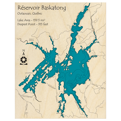 Bathymetric topo map of Baskatong Lake, QC with roads, towns and depths noted in blue water.