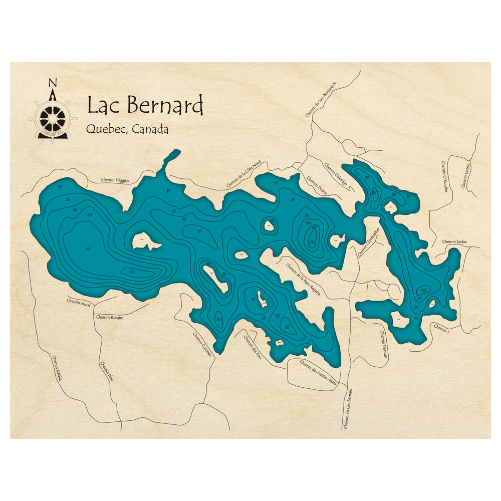 Bathymetric topo map of Lac Bernard, QC with roads, towns and depths noted in blue water.