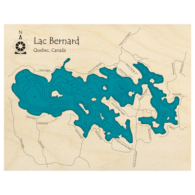Bathymetric topo map of Lac Bernard, QC with roads, towns and depths noted in blue water.