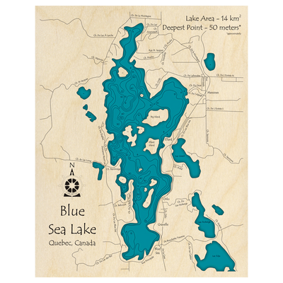 Bathymetric topo map of Blue Sea Lake, QC with roads, towns and depths noted in blue water.