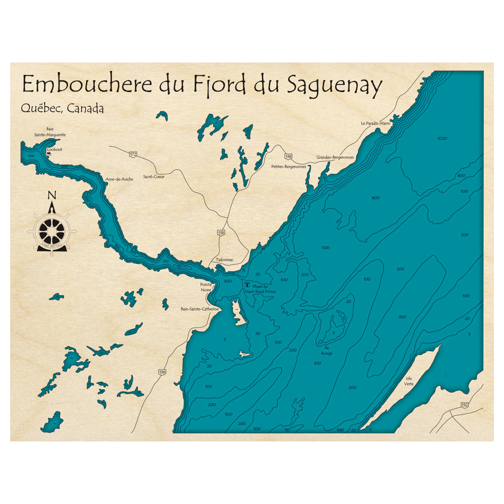 Bathymetric topo map of Embouchere du Fjord du Saguenay, QC with roads, towns and depths noted in blue water.