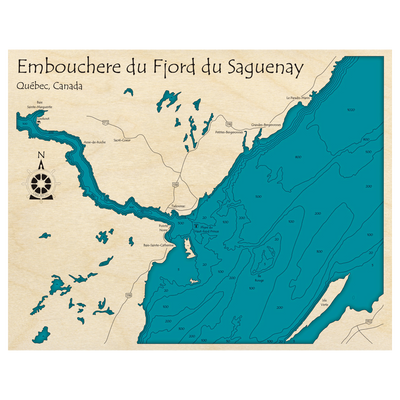 Bathymetric topo map of Embouchere du Fjord du Saguenay, QC with roads, towns and depths noted in blue water.