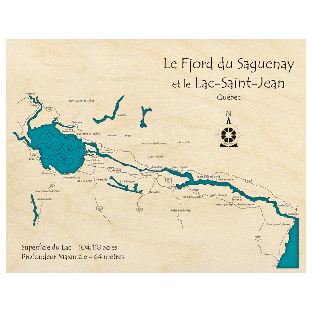 Bathymetric topo map of Fjord du Saquenay et le Lac Saint Jean, QC with roads, towns and depths noted in blue water.