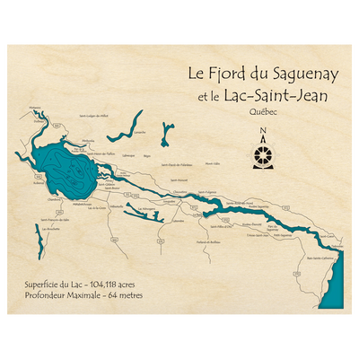 Bathymetric topo map of Fjord du Saquenay et le Lac Saint Jean, QC with roads, towns and depths noted in blue water.