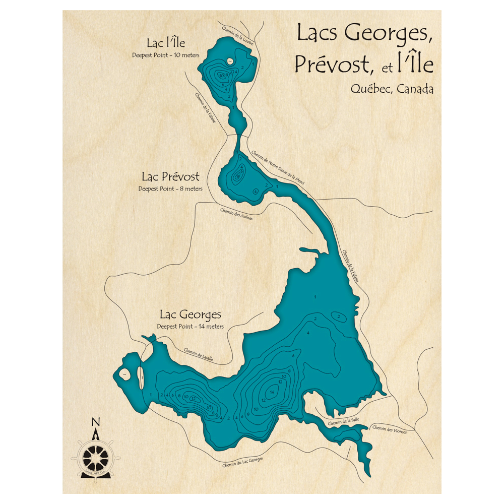 Bathymetric topo map of Lake Georges, QC with roads, towns and depths noted in blue water.