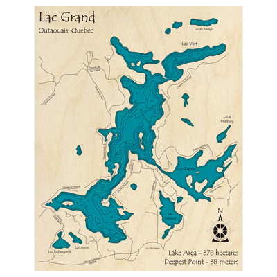 Bathymetric topo map of Grand Lake, QC with roads, towns and depths noted in blue water.