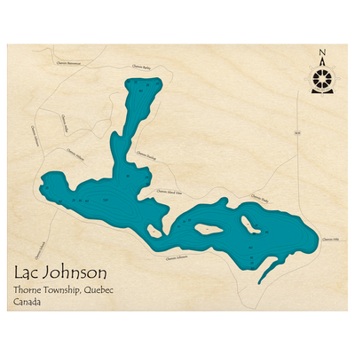 Bathymetric topo map of Lac Johnson, QC with roads, towns and depths noted in blue water.
