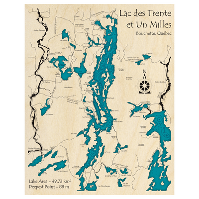 Bathymetric topo map of Lac des Trente et Un Milles, QC with roads, towns and depths noted in blue water.