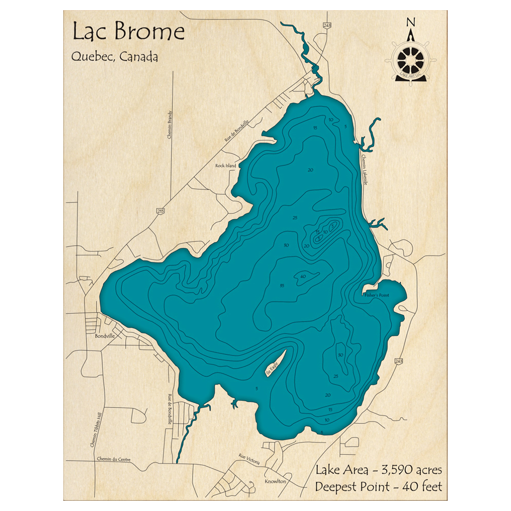 Bathymetric topo map of Lac Brome, QC with roads, towns and depths noted in blue water.