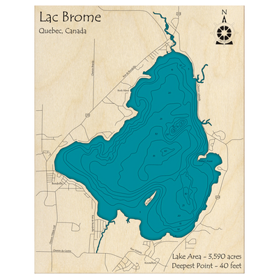 Bathymetric topo map of Lac Brome, QC with roads, towns and depths noted in blue water.