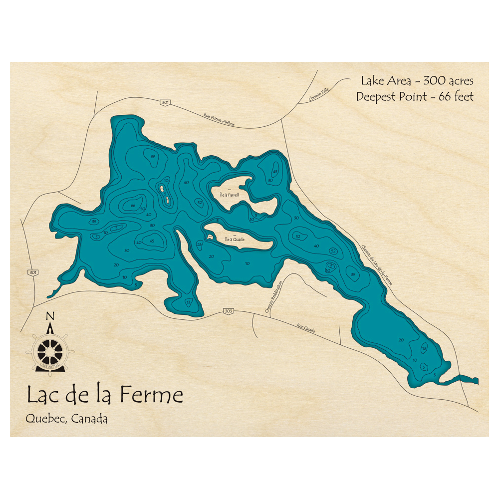 Bathymetric topo map of Lac De La Ferme, QC with roads, towns and depths noted in blue water.