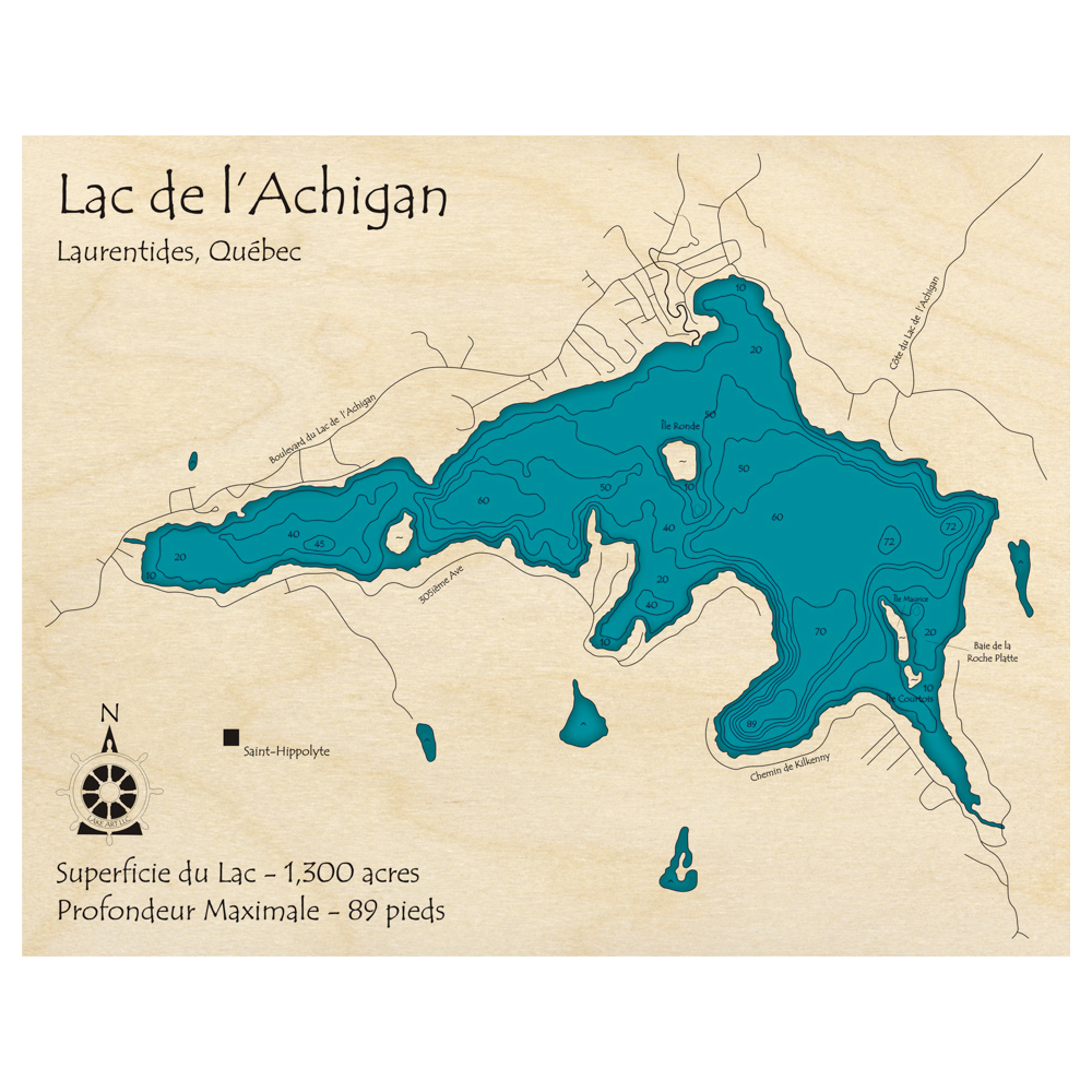 Bathymetric topo map of Lac de lAchigan, QC with roads, towns and depths noted in blue water.